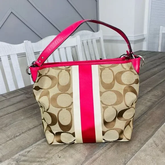 Coach Signatur Hamptons Weekend Khaki Pink Signature Stripe Tote Purse 10055 - Picture 4 of 8